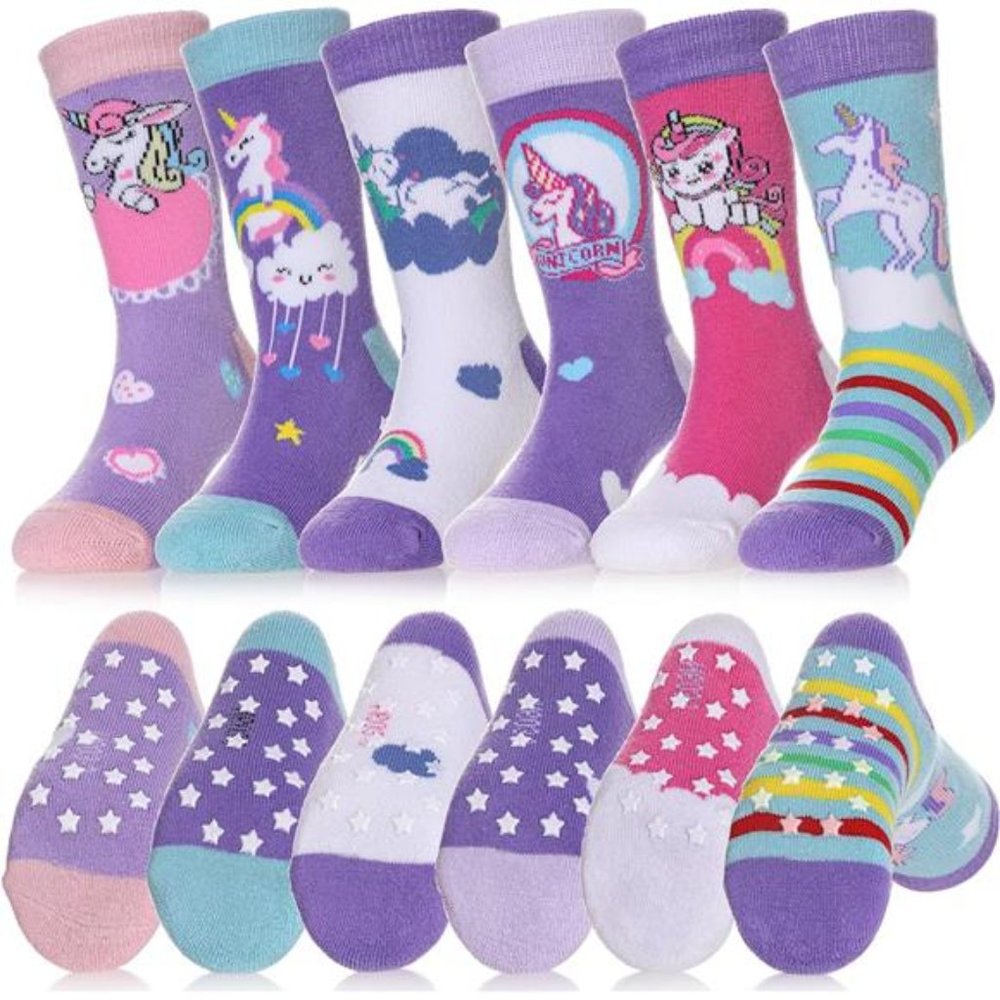 6 Pairs Kids Non Slip Grip Socks Anti Slip Crew Thick Warm Cotton Socks